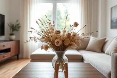 Cozy living room with dried flower centerpiece
