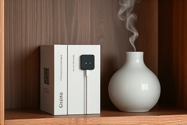 Stylish cable organizer and ceramic diffuser on a shelf.