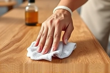 Close-up of hand cleaning oak wood dining table with soft cloth.