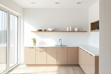Modern kitchen, no upper cabinets, open and airy design