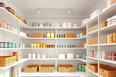 Neatly organized kitchen pantry with organized shelves and containers