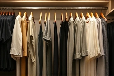 Organized walk-in closet with neatly hung trousers.