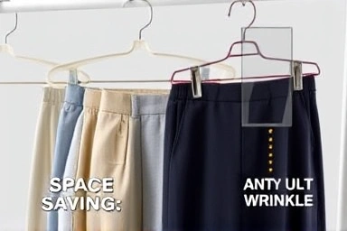 Close-up of space-saving and anti-wrinkle pants hangers.