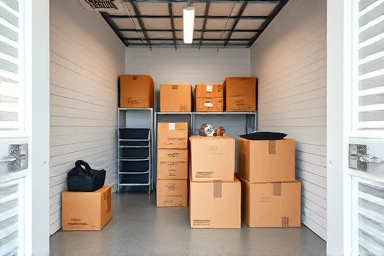 Organized personal storage unit with boxes and items.