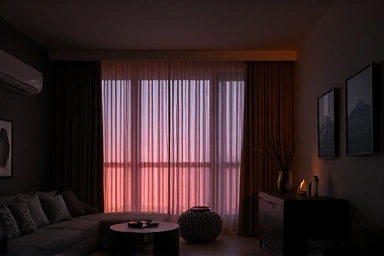 Living room with gradient lighting from curtain box