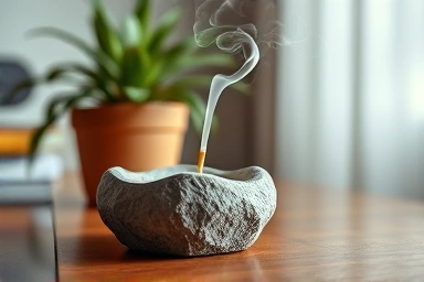 Handcrafted stone incense holder on a wooden desk.