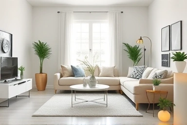 Serene minimalist living room, organized and uncluttered
