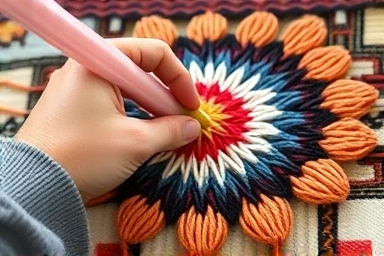 Hands crafting a punch needle rug with colorful yarn.