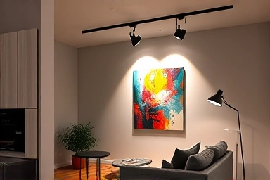 Modern living room with adjustable track lighting highlighting art.