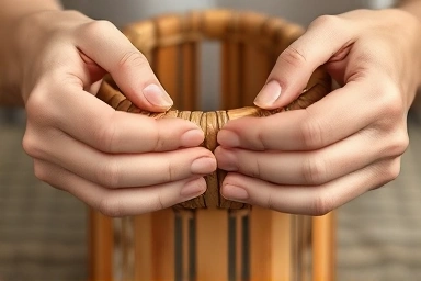 Hands weaving natural rattan for a handmade basket