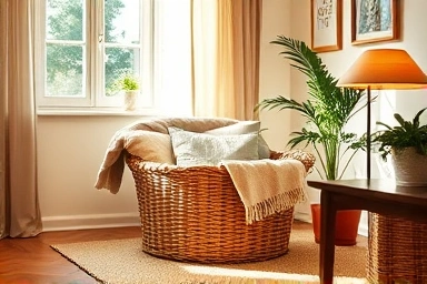Cozy living room with rattan basket, throws, and plant.