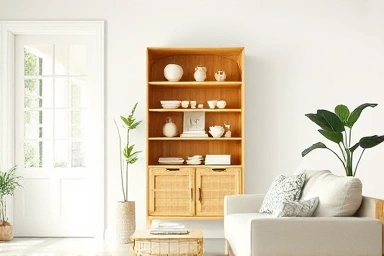 Rattan storage cabinet in a stylish, sunlit living room.