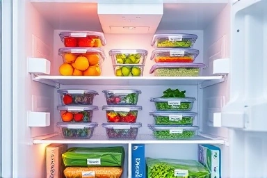Organized refrigerator with transparent storage containers and fresh food.