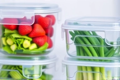 Close-up of various transparent food storage containers in a fridge.