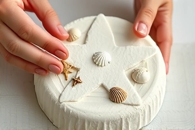 Hands crafting ocean-themed plaster diffuser with seashells