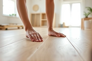 DIY flooring installation in progress, close-up on hands and plank.