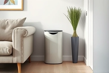 Slim recycling bin in a stylish, minimalist living room.