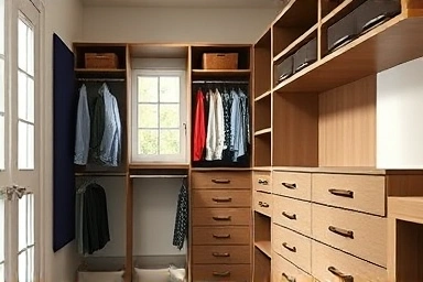 Small room transformed into spacious custom wardrobe with system hangers