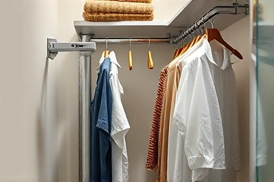 Detail of custom system hanger maximizing space in a narrow room