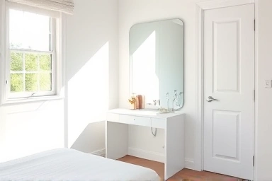 Minimalist vanity in a small bedroom, maximizing space.