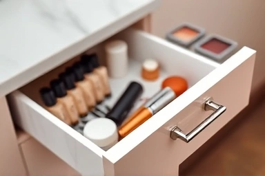 Smart storage solutions for a compact vanity.