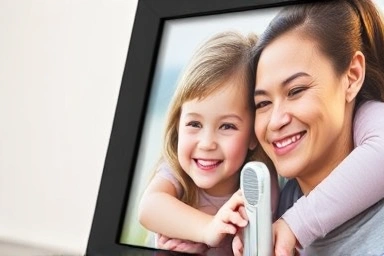 Lifelike family photo on a crisp smart digital frame.