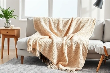 Cozy living room with stylish sofa and throw blanket.