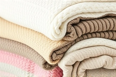 Close-up of various textured sofa throw blankets.