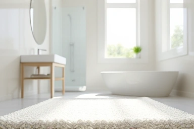 Soft, absorbent diatomaceous earth bath mat in a modern bathroom.