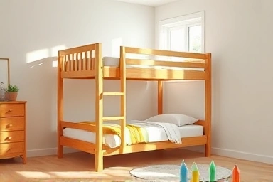Natural wood bunk bed in a child's room
