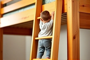 Child safely climbing a wooden bunk bed ladder