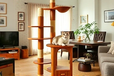 Solid wood cat tree in a cozy living room with a cat