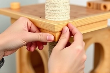 Hands assembling a solid wood cat tree kit