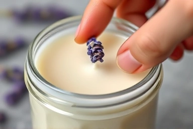Hand decorating soy candle with dried flowers.