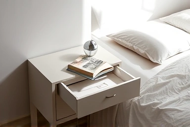 Modern bedside table maximizing space in a small bedroom.