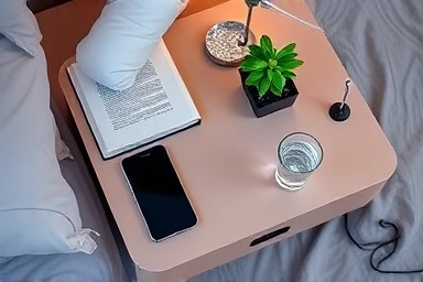 Organized bedside table with smart features and essential items.