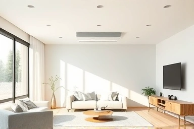 Modern living room with integrated system air conditioner in lowered ceiling.