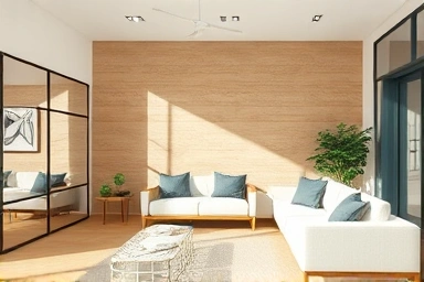 Modern living room with elegant temba board accent wall.