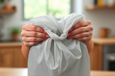 Hands folding trash bag for compact storage.