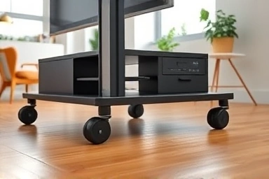 Wheeled TV stand moving across a floor