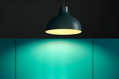 Close-up of USM Haller cabinet with sculptural pendant light.