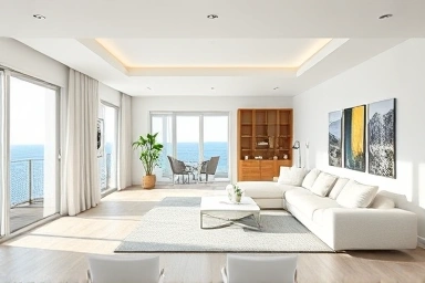 Modern living room with extended balcony, bright and spacious.