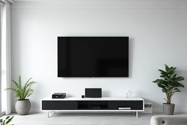 Minimalist living room with hidden TV set-top box.