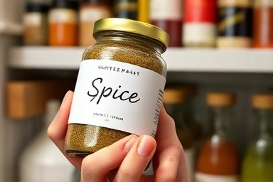 Applying a waterproof spice jar label for kitchen organization.