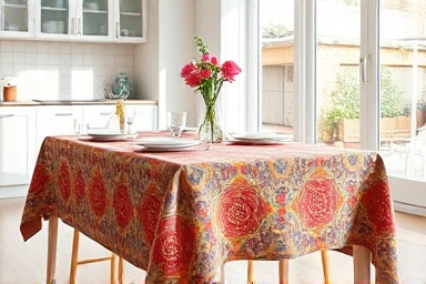 Modern kitchen with a colorful waterproof tablecloth.
