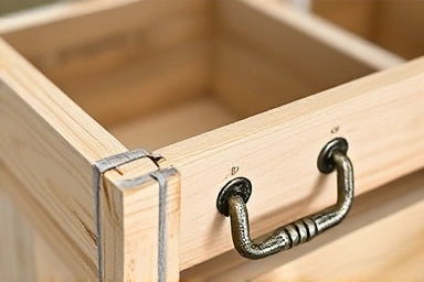 Detail of a DIY wine box storage with vintage handle and painted finish