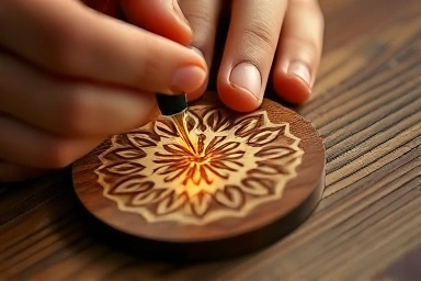 Close-up of hands creating pyrography art on a wooden coaster.