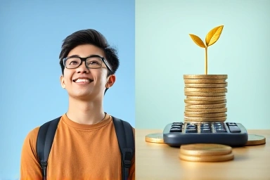Student with financial planning symbols, representing educational investment.