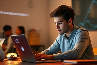 Focused student using AI-powered online study platform with motivational elements.