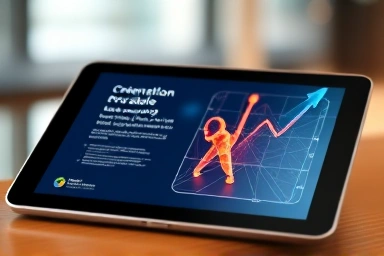 Futuristic tablet showing AI-generated presentation slide